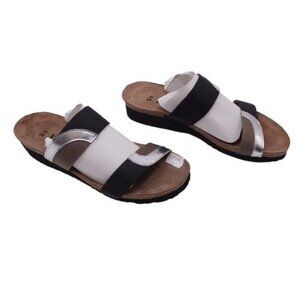 NWOB Naot Women's Two Strap Slide Sandals Size 40 Black Silver Open Toe Slip On